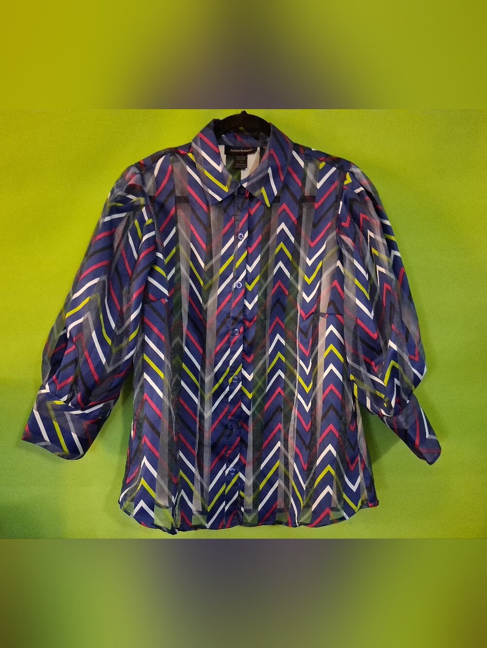 Ashley Stewart Blue Multi Chevron Button-Front Blouse